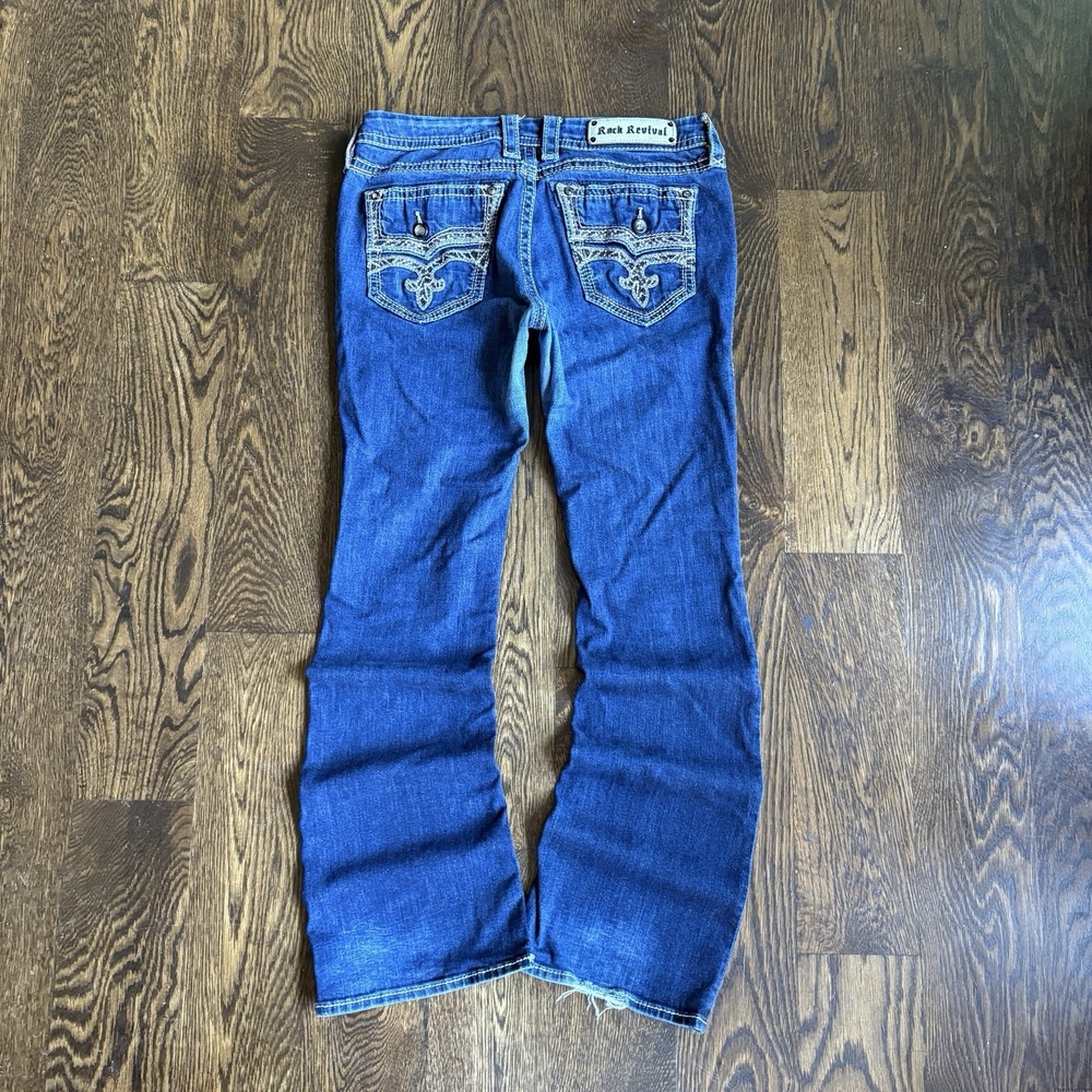 Rock Revival Adorna Bootcut Jeans Womens 34x32 Dark Wash Bling Flap Pocket Denim